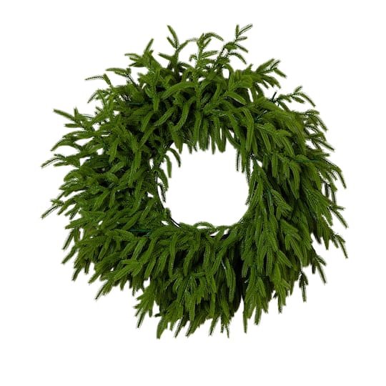 20in. Pre-Lit Artificial Real Touch Norfolk Island Pine Wreath with 35 Warm White LED Lights and Natural Look